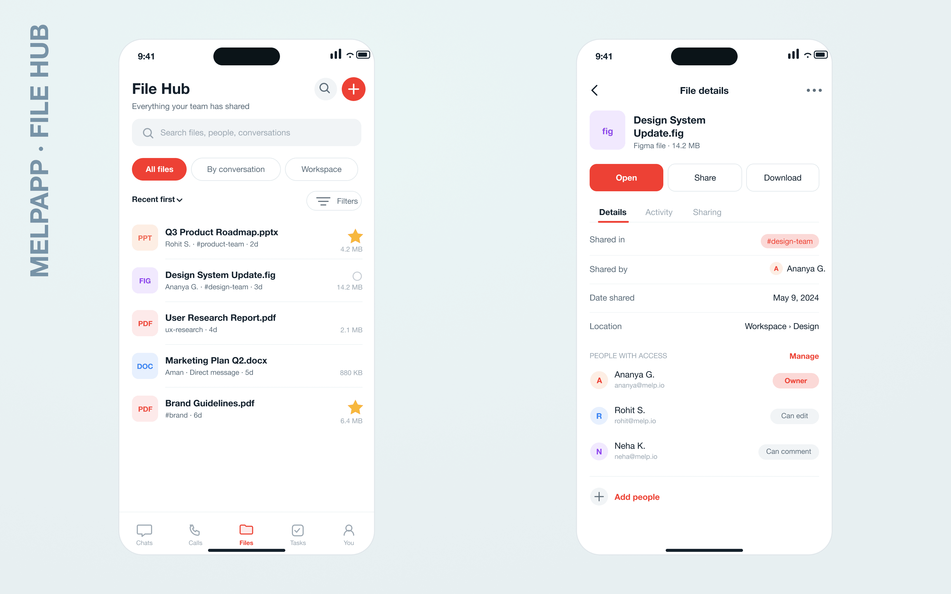 Two mobile screens: the File Hub listing every shared file with type icons, source conversation and owner across All files / By conversation / Workspace tabs; and a File Details screen with metadata and owner-controlled permissions (Owner, Can edit, Can comment).