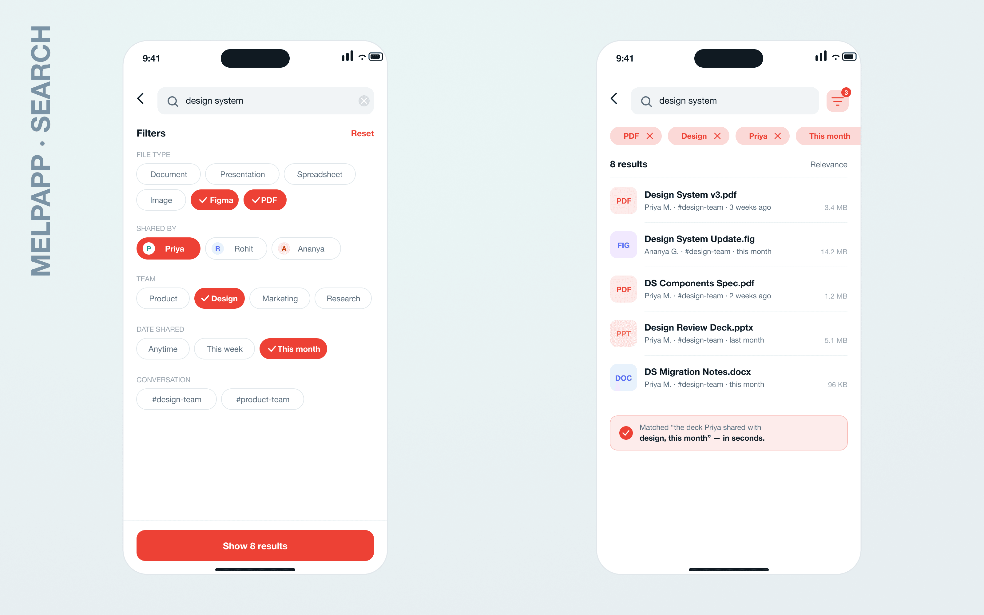 Two mobile screens: a multi-filter search sheet (file type, shared by, team, date, conversation) and the filtered results that match the deck Priya shared with the design team this month.
