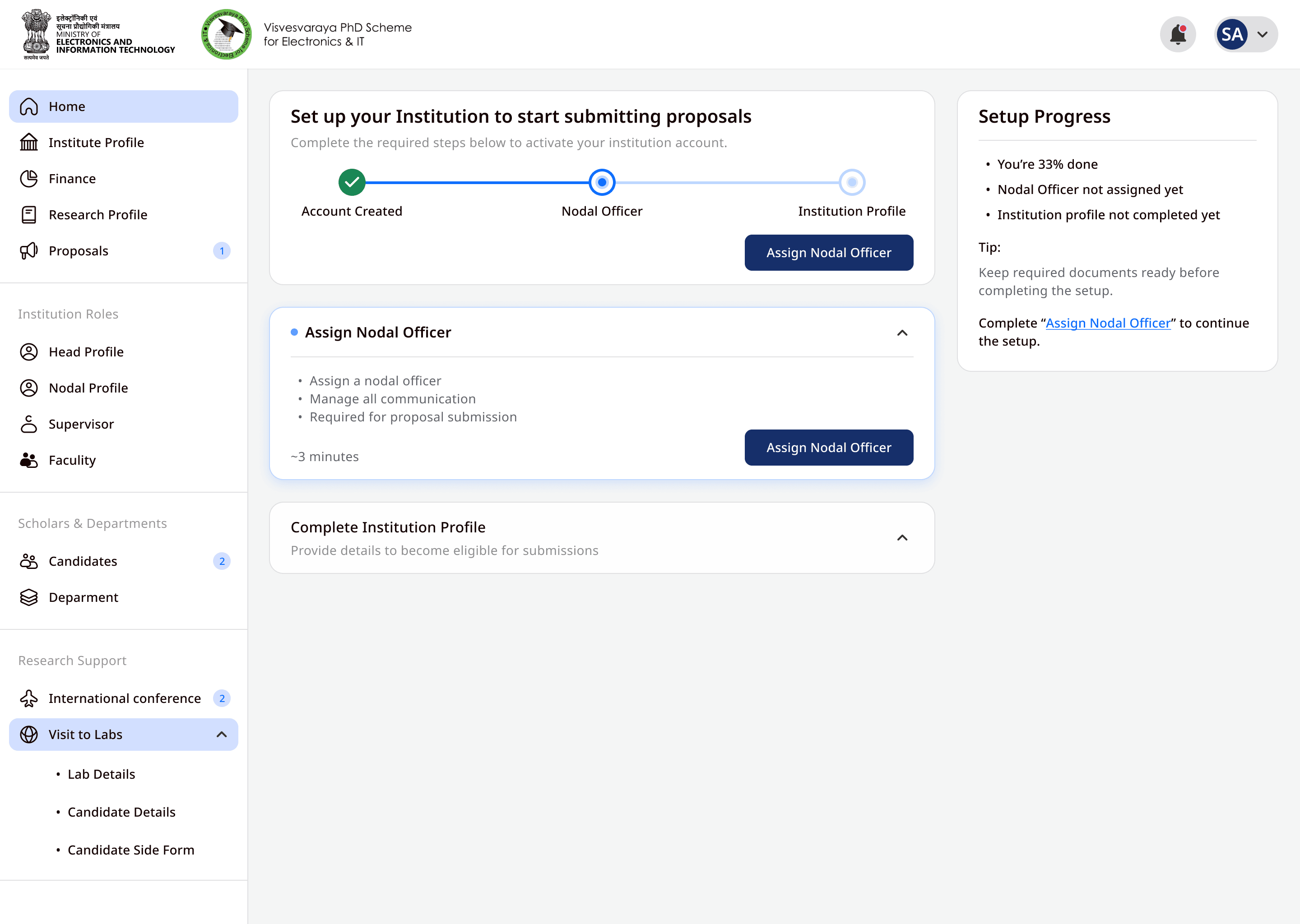 Institution setup dashboard: a three-step progress tracker (Account Created, Nodal Officer, Institution Profile), an ‘Assign Nodal Officer’ task card estimated at three minutes, and a setup-progress panel showing 33% done.