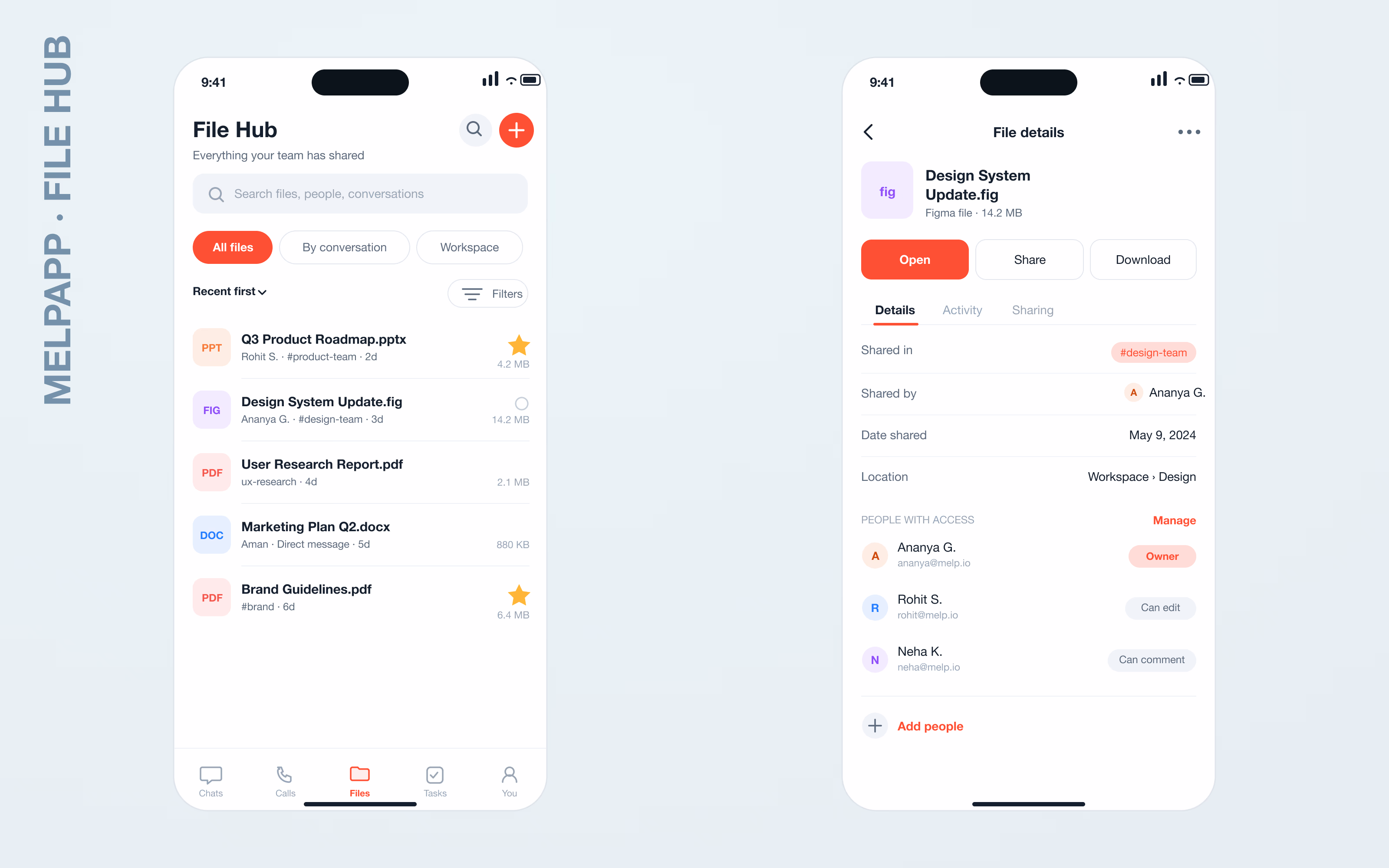 Two mobile screens: the File Hub listing every shared file with type icons, source conversation and owner across All files / By conversation / Workspace tabs; and a File Details screen with metadata and owner-controlled permissions (Owner, Can edit, Can comment).