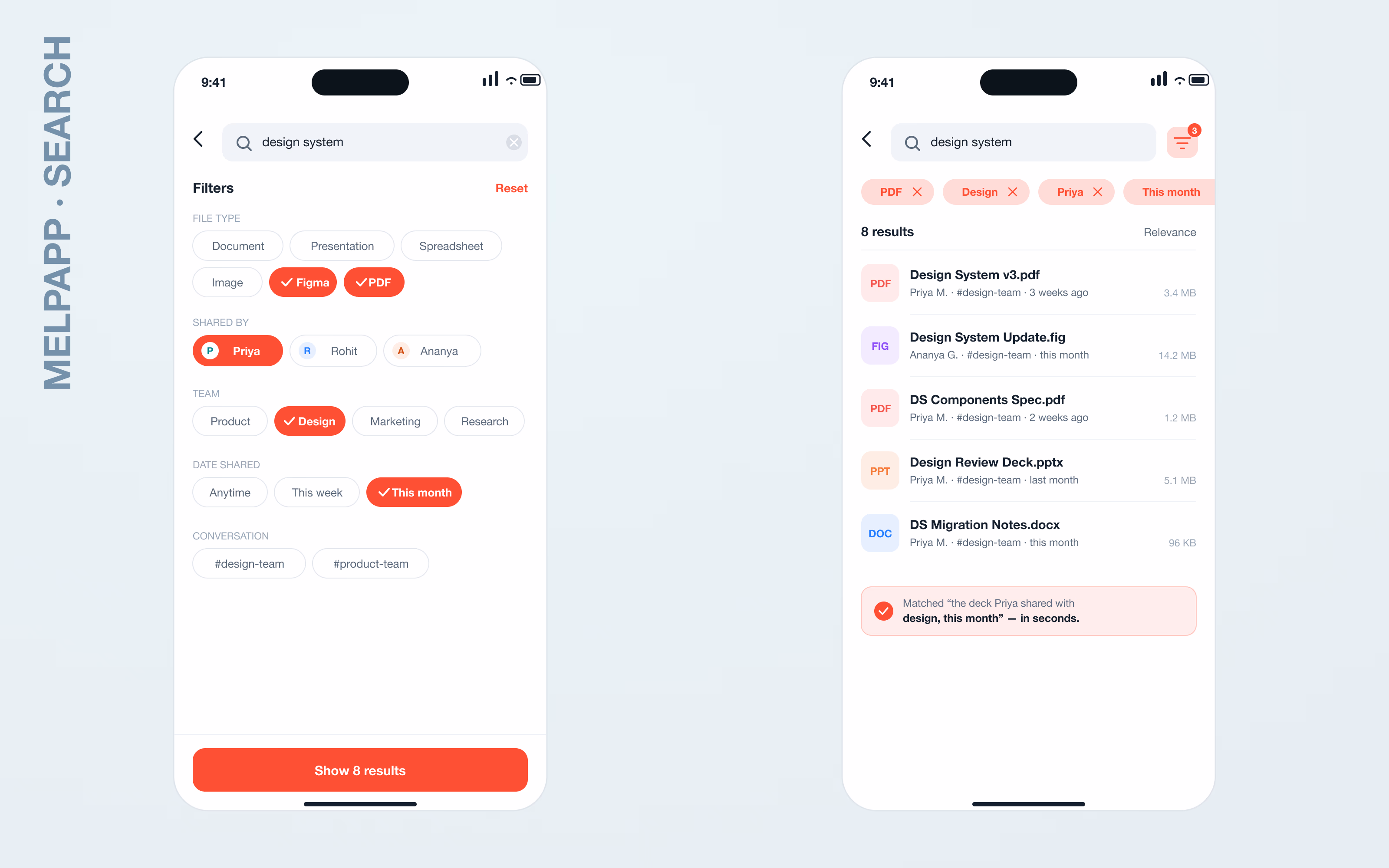 Two mobile screens: a multi-filter search sheet (file type, shared by, team, date, conversation) and the filtered results that match the deck Priya shared with the design team this month.