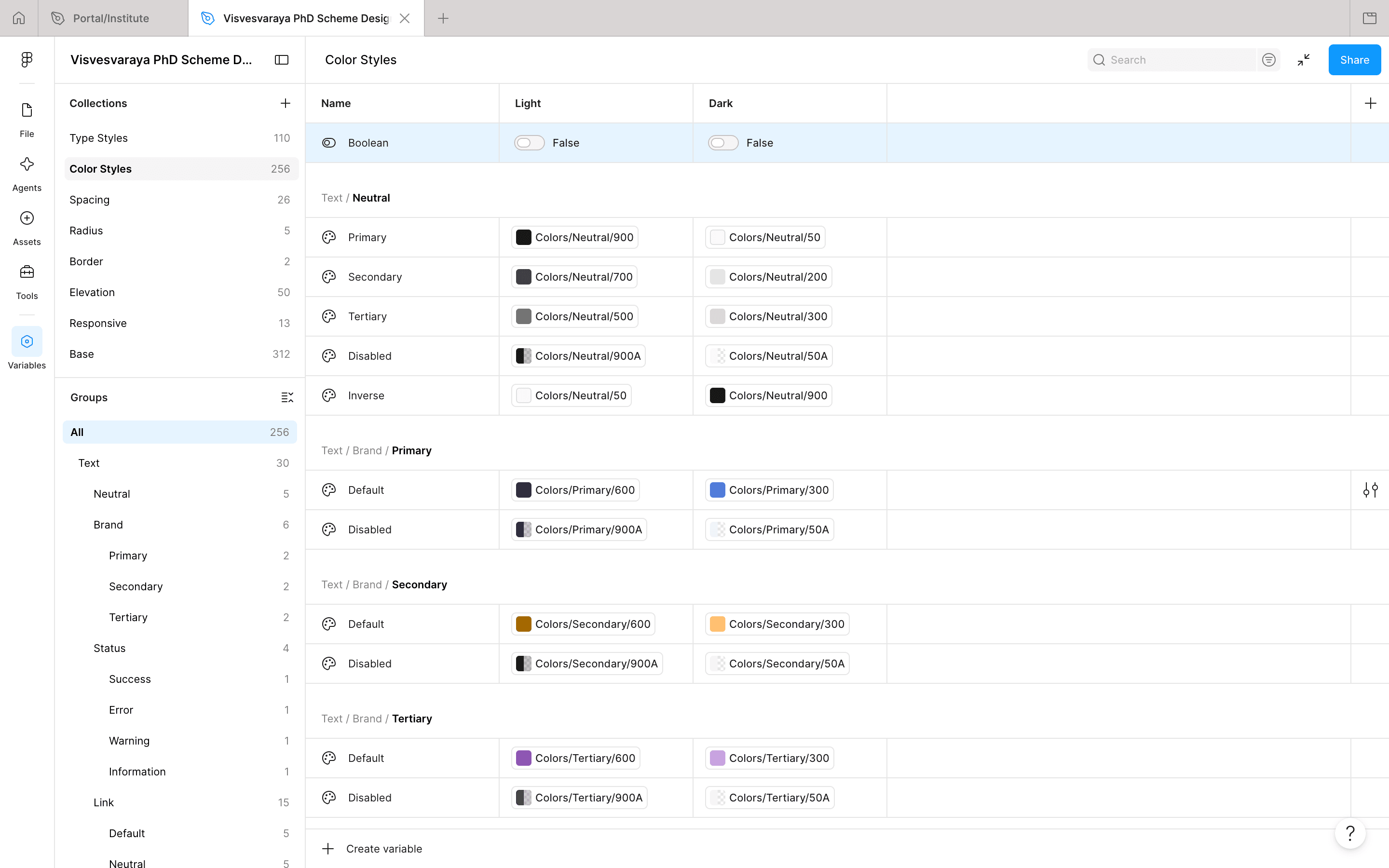 Variables panel — collections resolving from one base