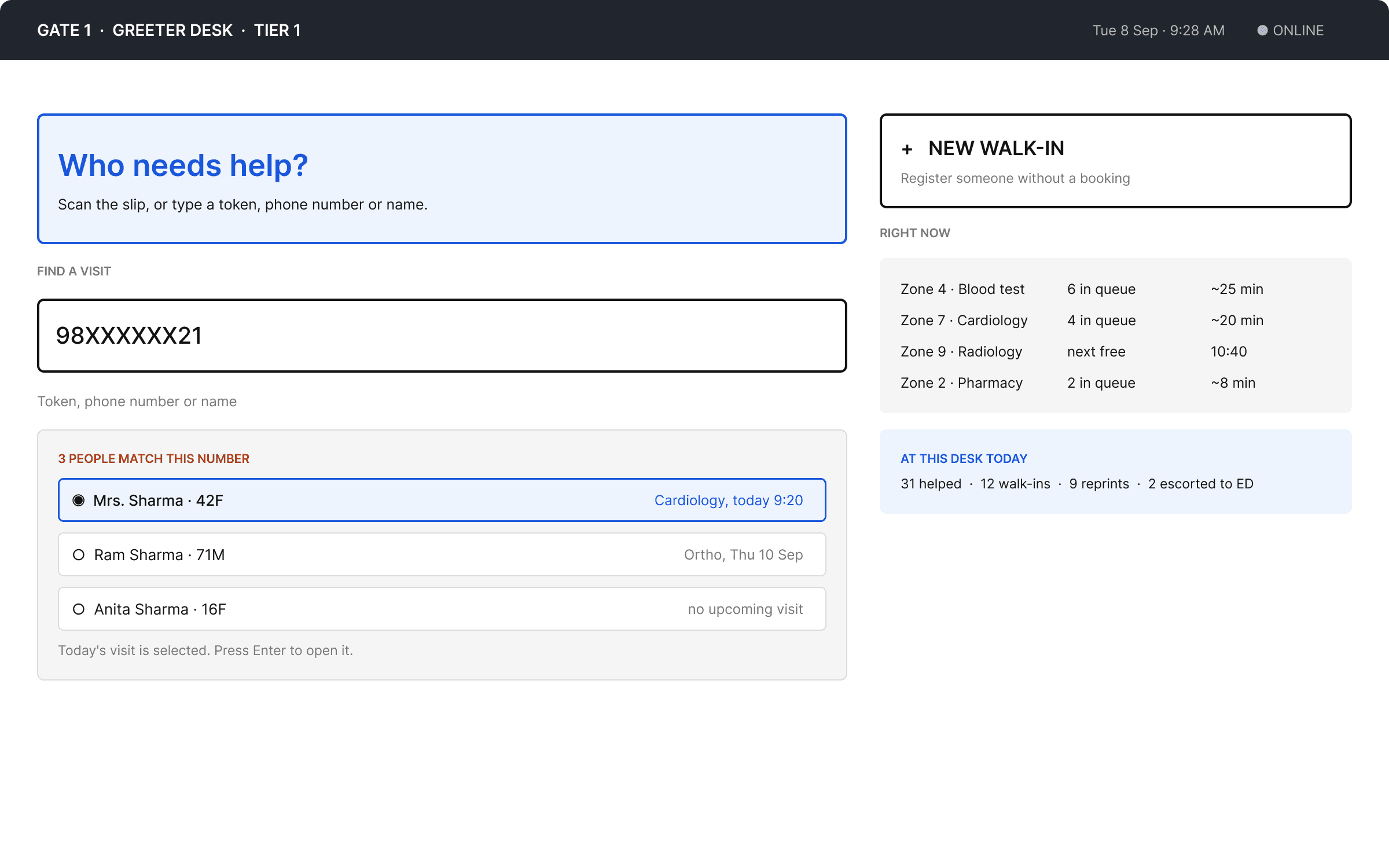 Greeter desk — one search box for a token, a phone number or a name