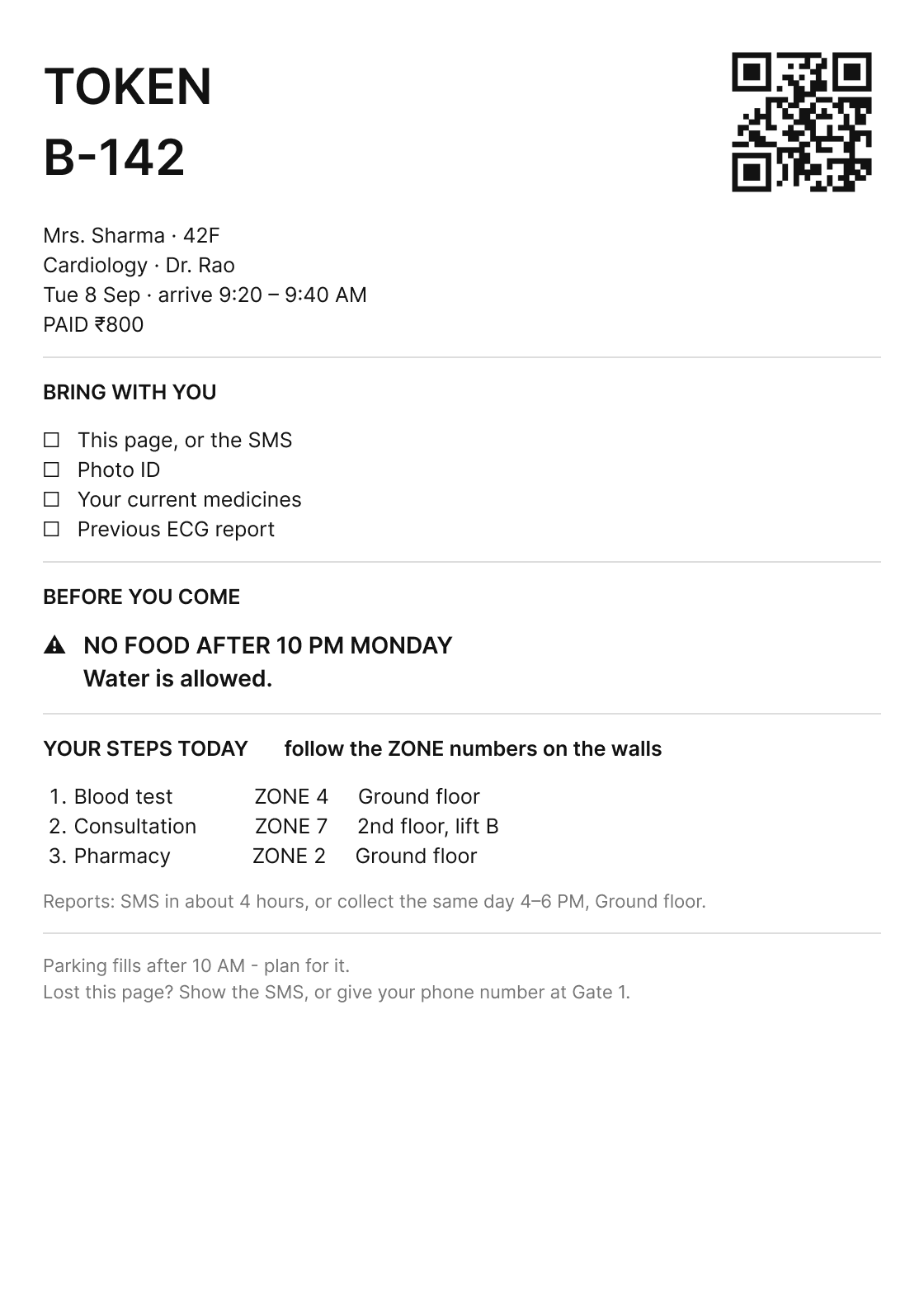 The printed slip — token, prep, and her steps with a zone for each