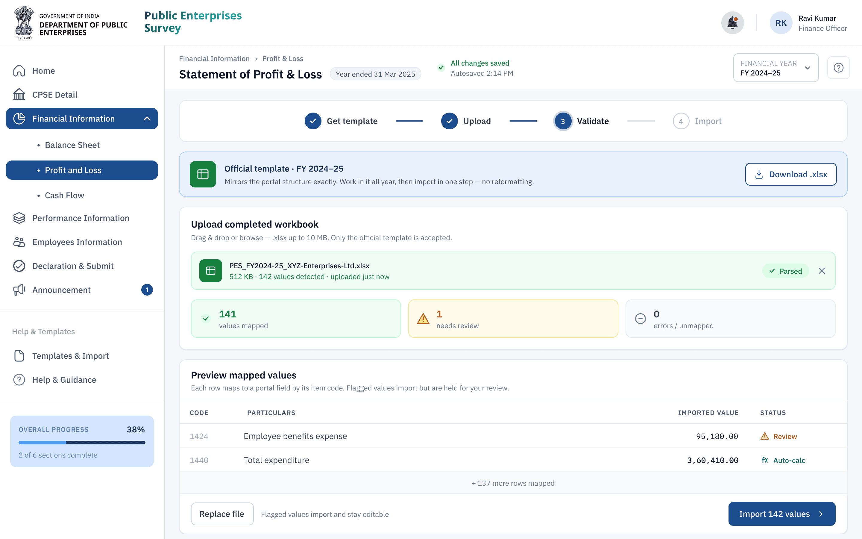 Import and validation — 141 mapped, 1 flagged, 0 errors
