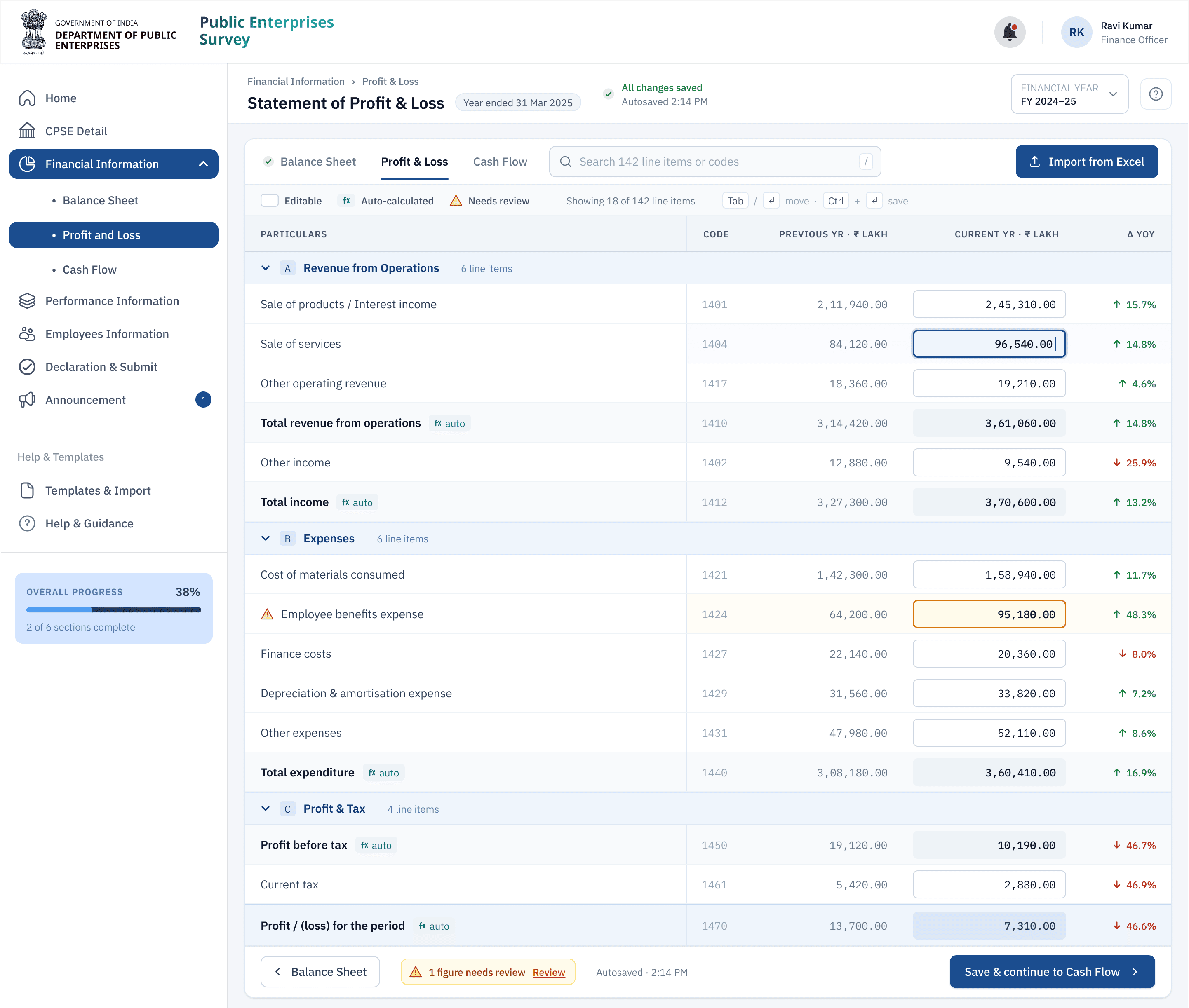 Data-entry workspace — frozen header, editable vs. calculated cells