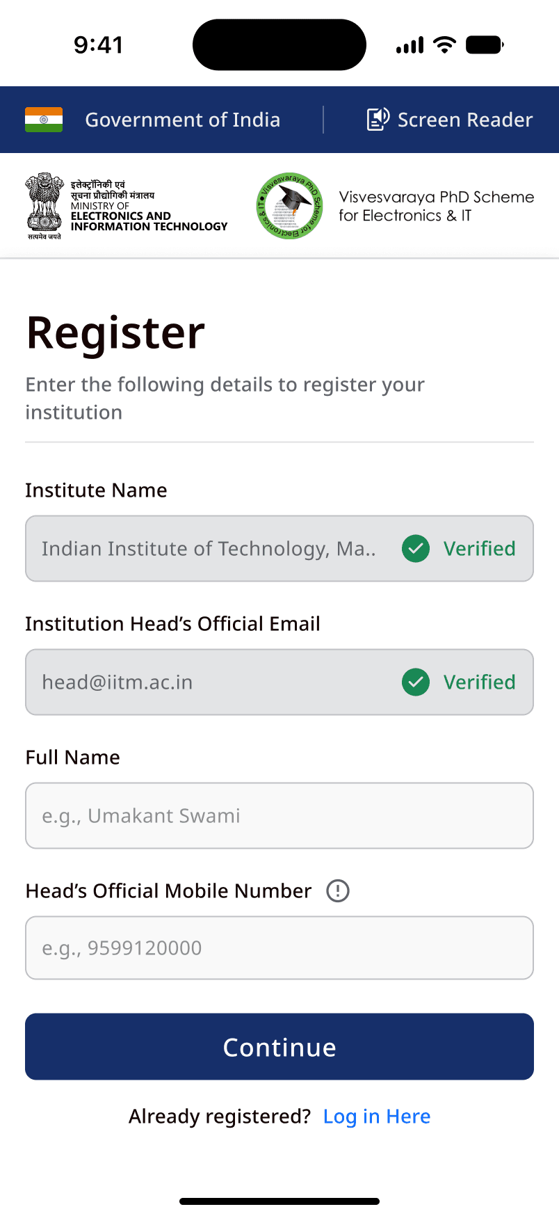 Mobile — institution registration, name and official email verified